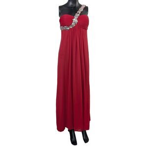 Xscape One Shoulder Beaded Gown Red Chiffon Empire Waist Formal Dress 4